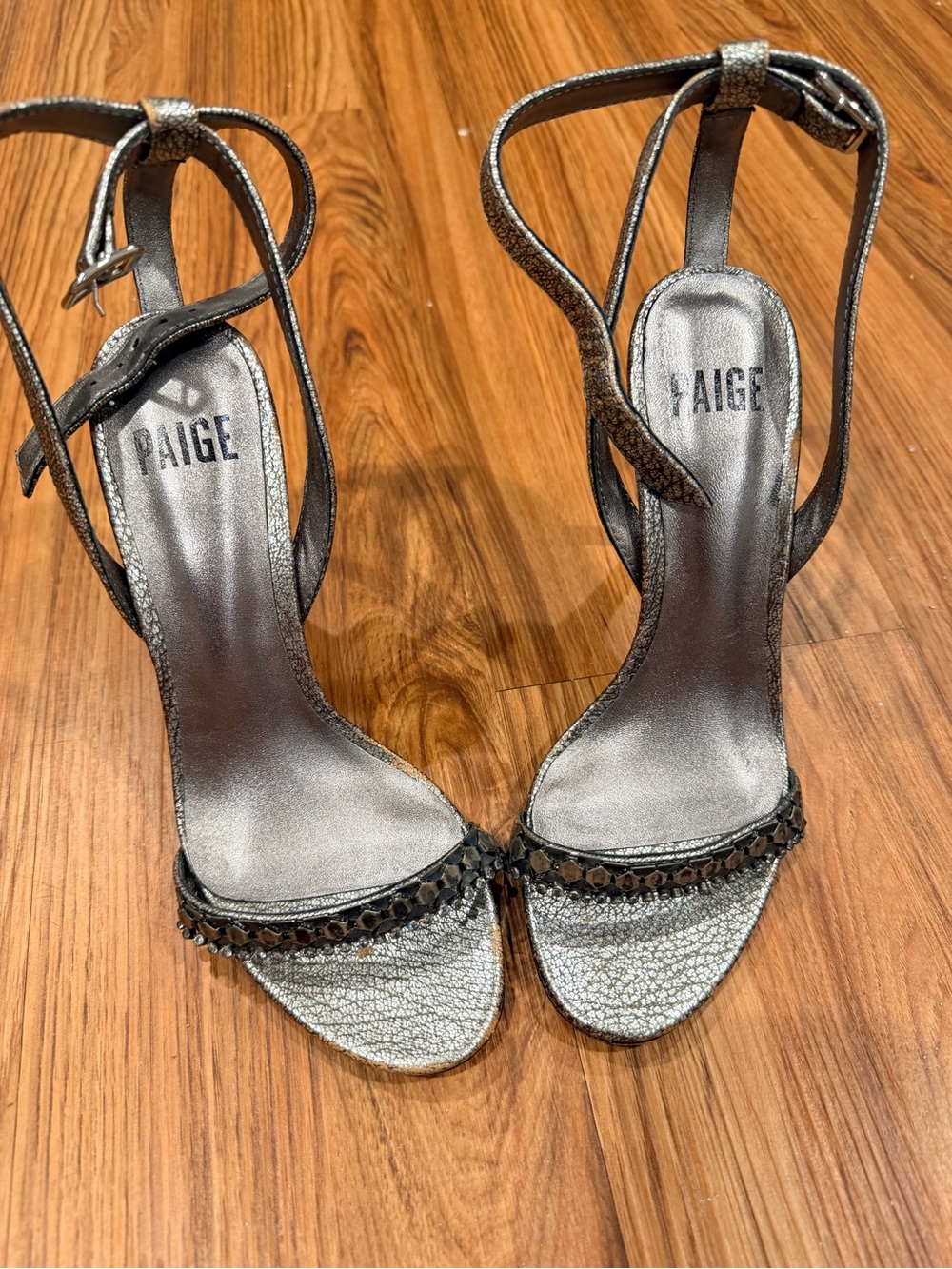 PAIGE Silver Metallic Ankle-Strap Stiletto Sandals